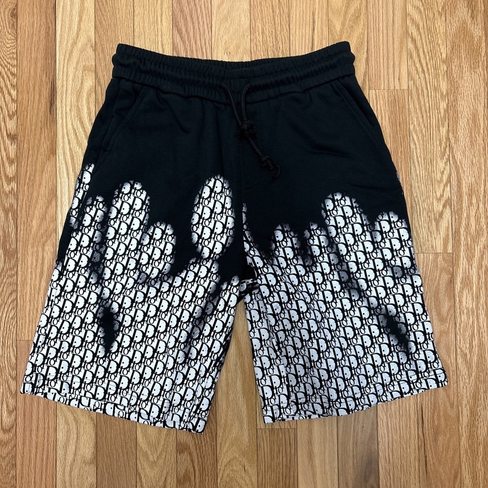 Christine Dior Men's Black Athletic Shorts With Paintdrip Logo - Size Medium